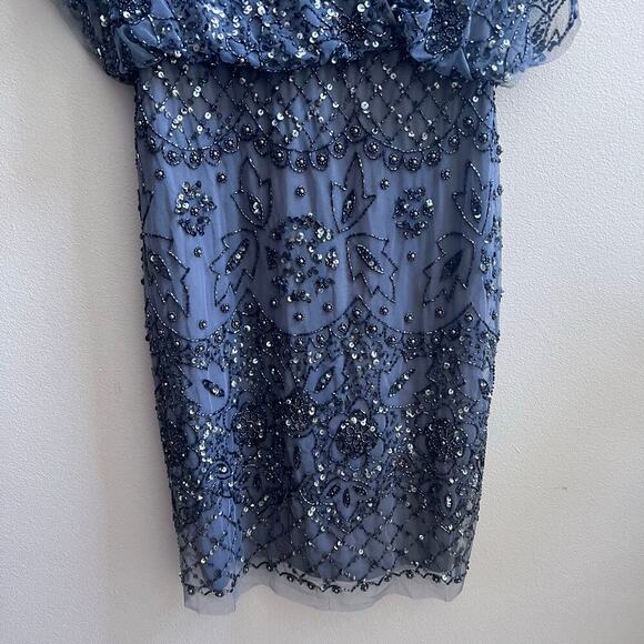 Adrianna Papell Beaded Mesh Blouson Sequin Embellishments Dress 0 Wedding Guest - Picture 7 of 13